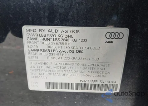 2015 Audi Q5 2.0T Premium из США, поврежденный, VIN WA1LFAFP4FA114764